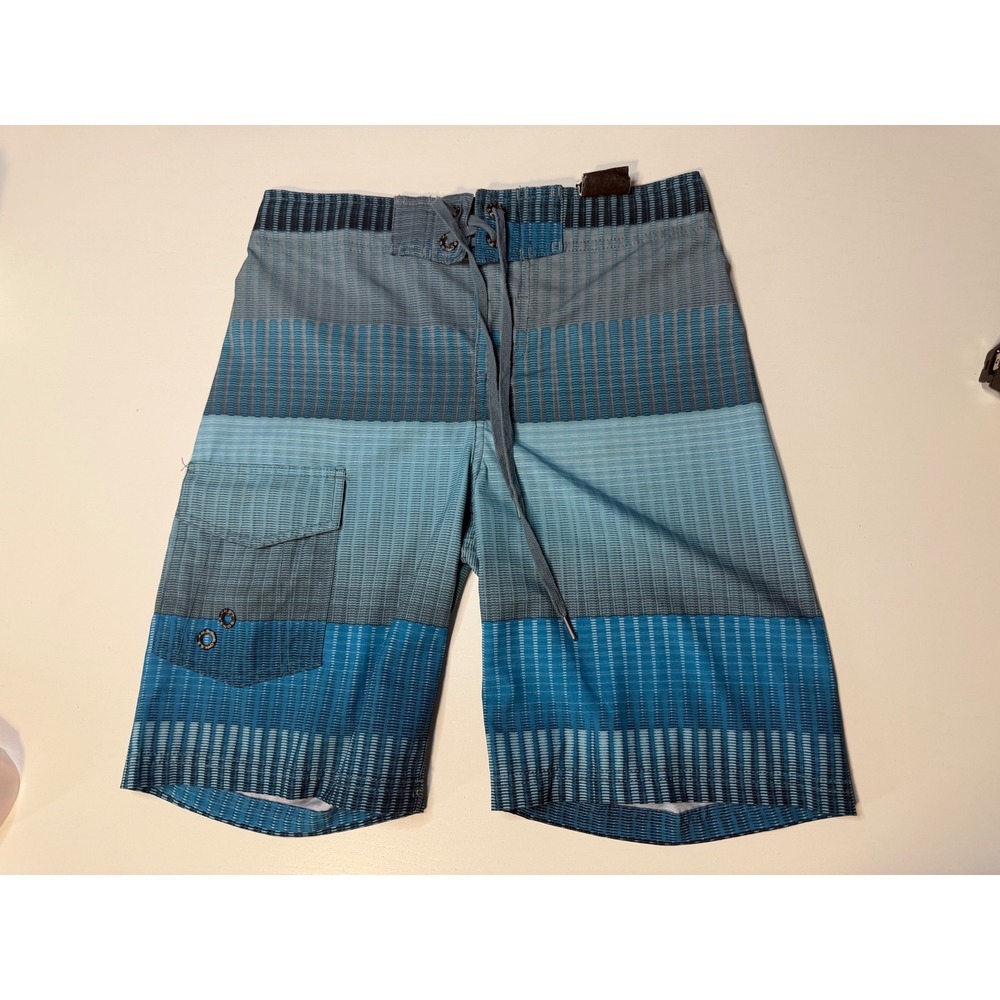 Just Bones Boardwear Mens Blue Grey Striped Board Shorts Swim Trunks Size 26
